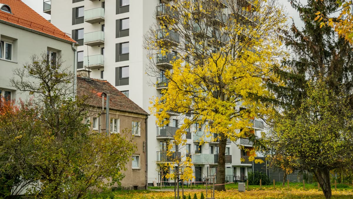 Autumn scene of residential buildings surrounded by colorful trees.